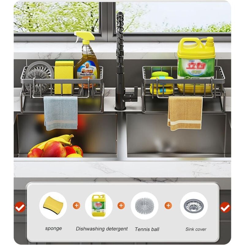 foto del prodotto contenitore e organizzazione per la cucina, organizer per lavello con vassoio di scarico automatico per porta spugne, porta asciugamani, fantastici