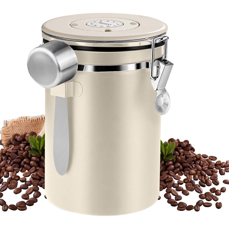 foto del prodotto contenitore ermetico per caff in acciaio inossidabile da 1,8 l con cucchiaio, contenitore ermetico per caff , con indicatore della data, bianco
