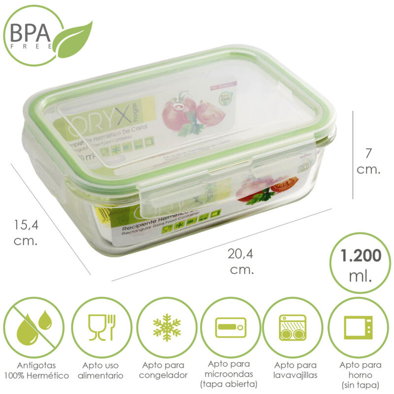foto del prodotto contenitore ermetico rettangolare in vetro da 1200 ml. 20,4 x 15,4 x 7 h cm. oryx