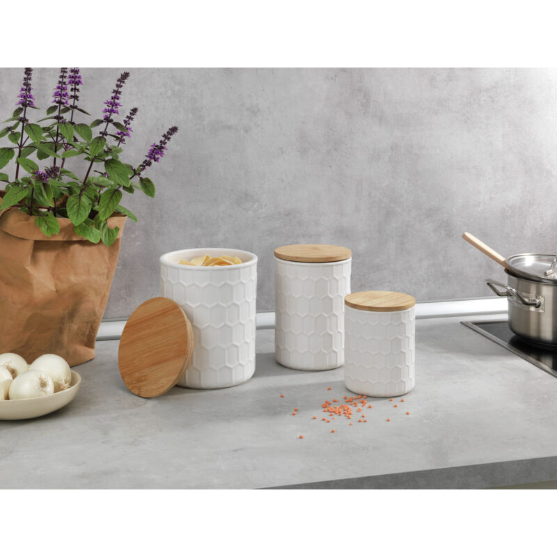 immagine 0 del prodotto contenitore maya, in ceramica bianca di alta qualit con struttura intrecciata, lavabile in lavastoviglie, coperchio in bamb certificato fsc con
