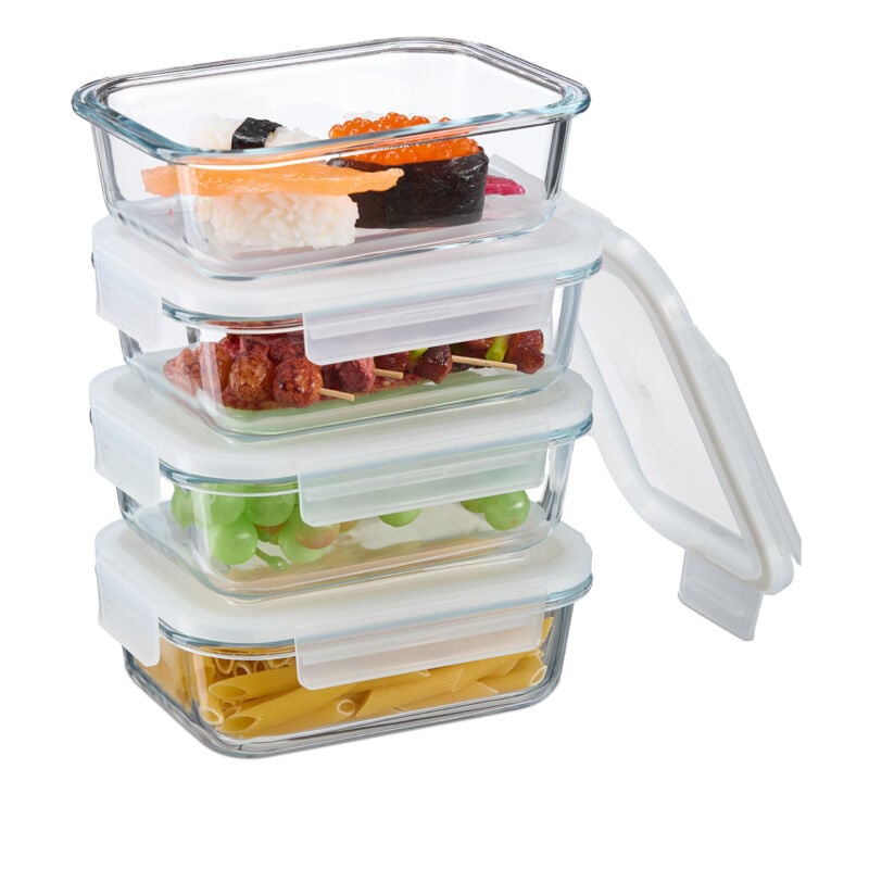 foto del prodotto contenitore per alimenti con coperchio ermetico, set da 4 vaschette da 640 ml, scatole meal prep, trasparente relaxdays