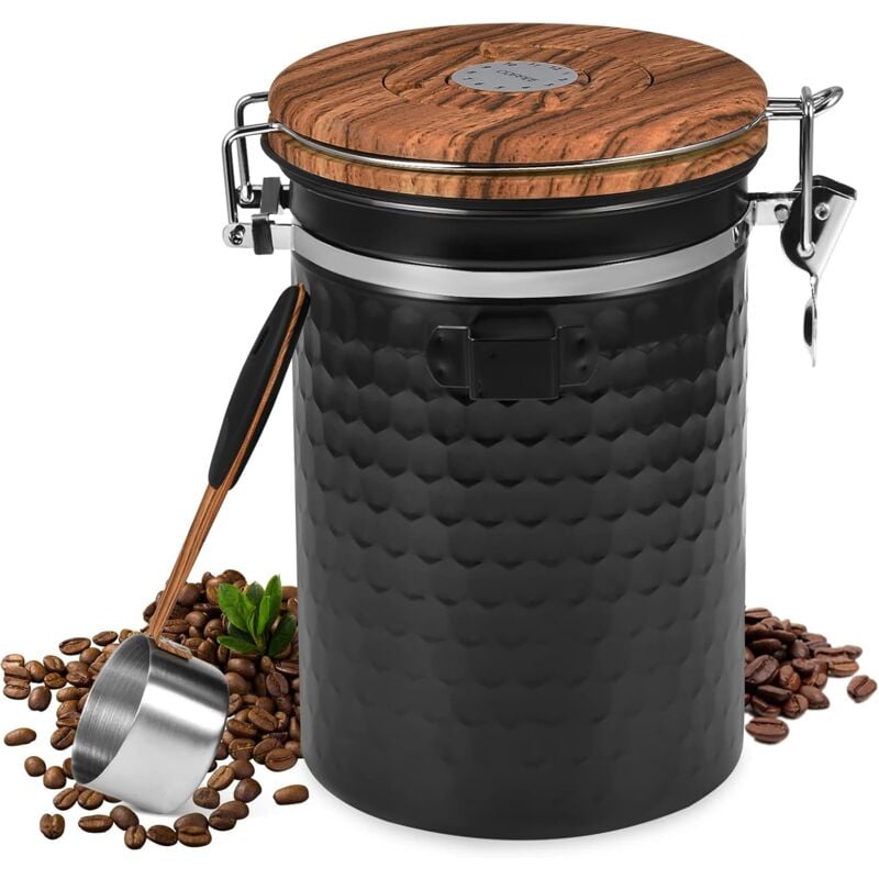 foto del prodotto contenitore per caff , contenitore ermetico in acciaio inossidabile nero da 1,8 litri, chicchi di caff , caffettiera, 1 kg di polvere con valvola di