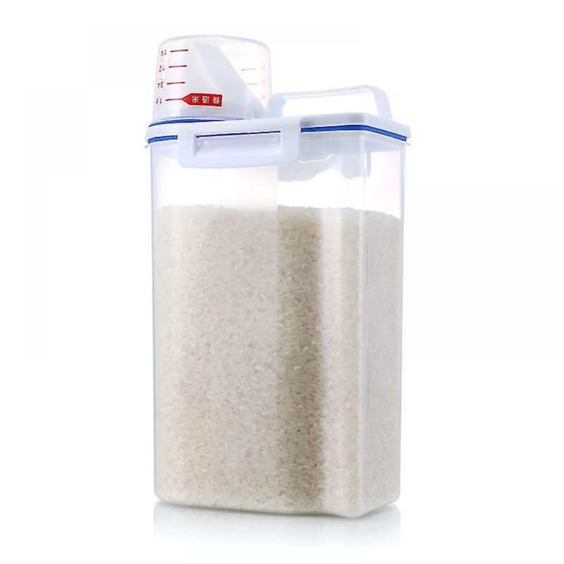 foto del prodotto contenitore per cereali in plastica da 2,5 litri, contenitore per alimenti da cucina, contenitore per riso e cereali bebusingoto