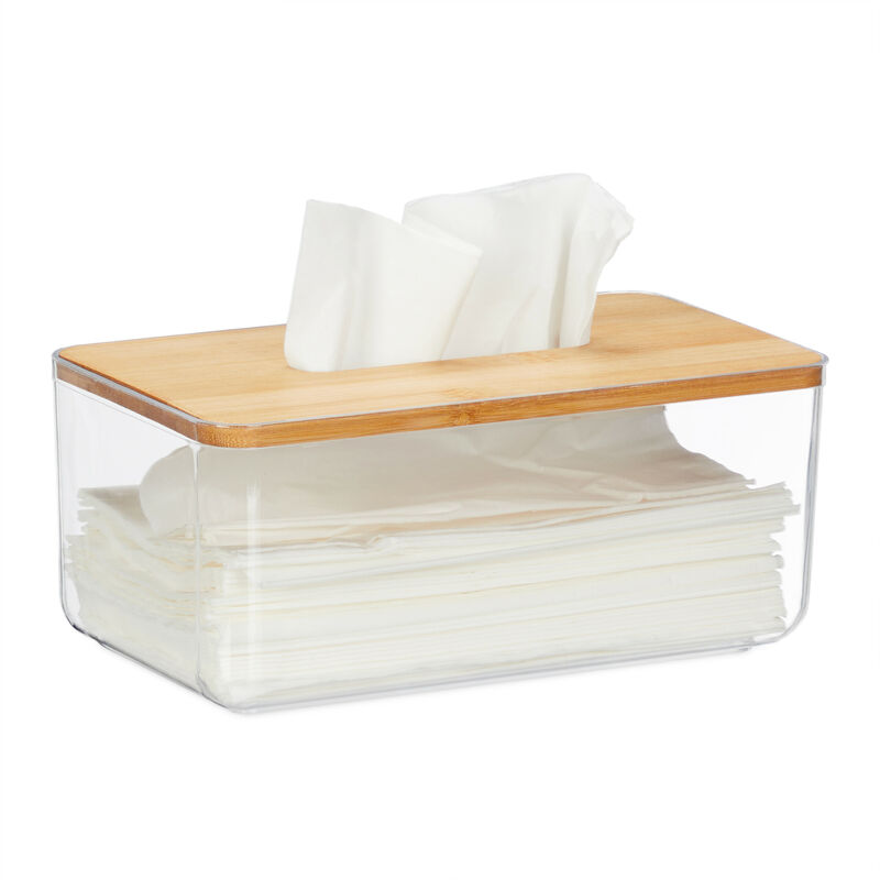 foto del prodotto contenitore per fazzoletti, coperchio in bamb , dispenser portafazzoletti, 10x23,5x13 cm, trasparente naturale relaxdays
