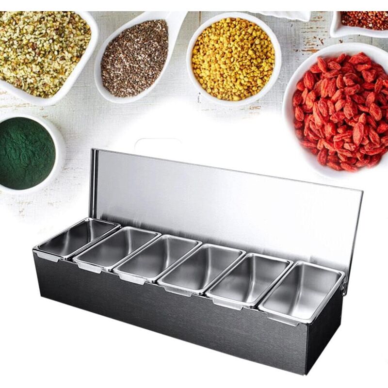 foto del prodotto contenitore per ingredients in acciaio inox, 6 scomparti, per spezie, gastronomia, 45,5 x 15 x 9 cm