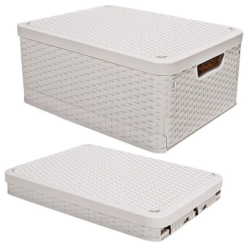foto del prodotto contenitore pieghevole con coperchio, confezione da 2, 17,3 x 13 x 9,6, contenitore in plastica con manico, cestino portaoggetti intrecciato