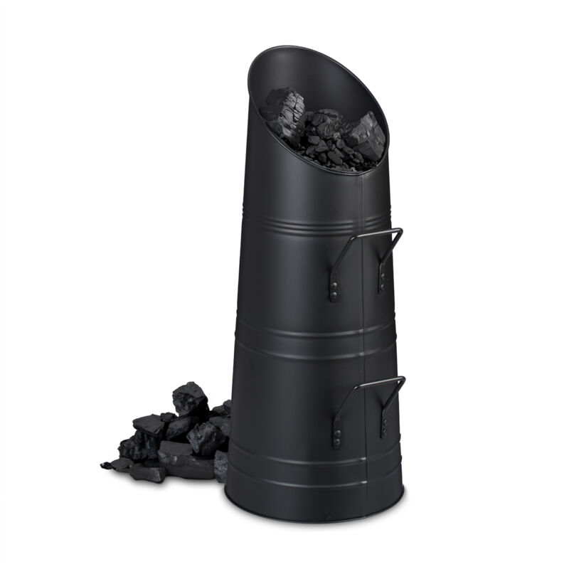 foto del prodotto contenitore porta carbone da camino, secchio per pellet, portacenere in metallo da 12 litri, caminetto, nero relaxdays