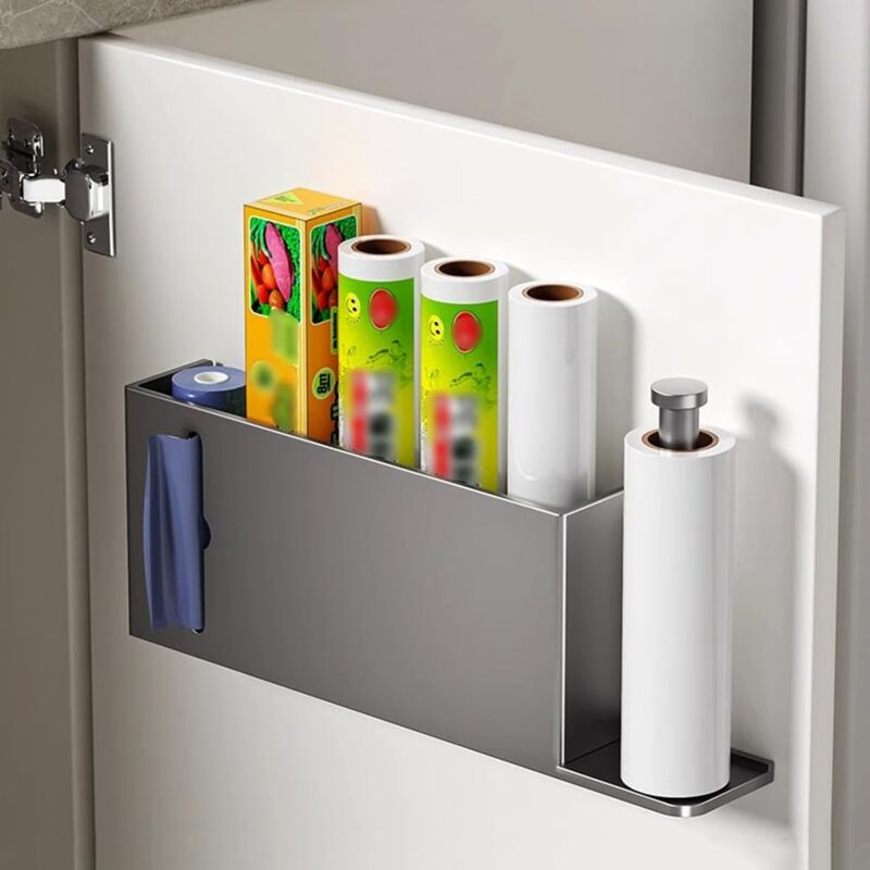foto del prodotto contenitore portaoggetti per ante di mobili da cucina, mensola organizer adesiva da parete per frigorifero e bagno, contenitore per piccoli oggetti