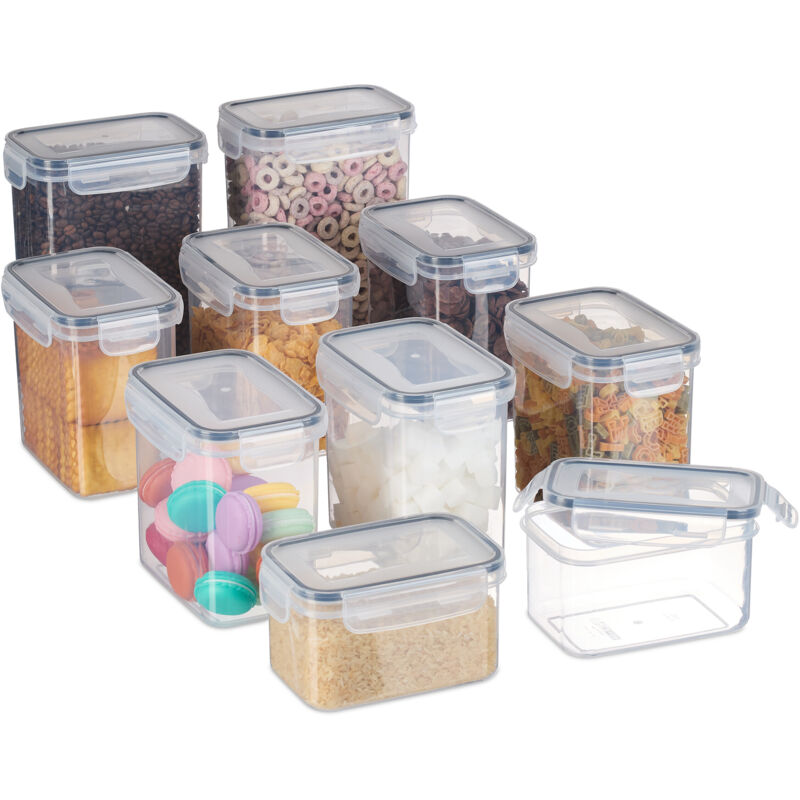 foto del prodotto contenitori da cucina, set da 10 barattoli con coperchio ermetico per pasta, 2000 1400 800 ml, trasparenti relaxdays