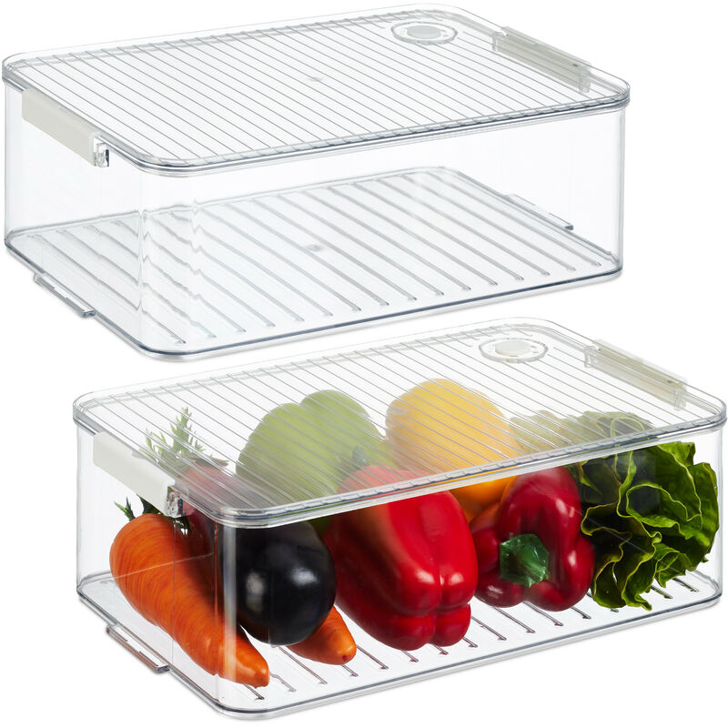 foto del prodotto contenitori per frigo con coperchio, set da 2, impilabile, box per frutta e verdura, salvaspazio, trasparente relaxdays