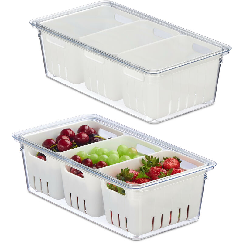 foto del prodotto contenitori per frigo con coperchio, set da 2, impilabili, 3 cestelli scola verdure, box alimenti, trasparente relaxdays