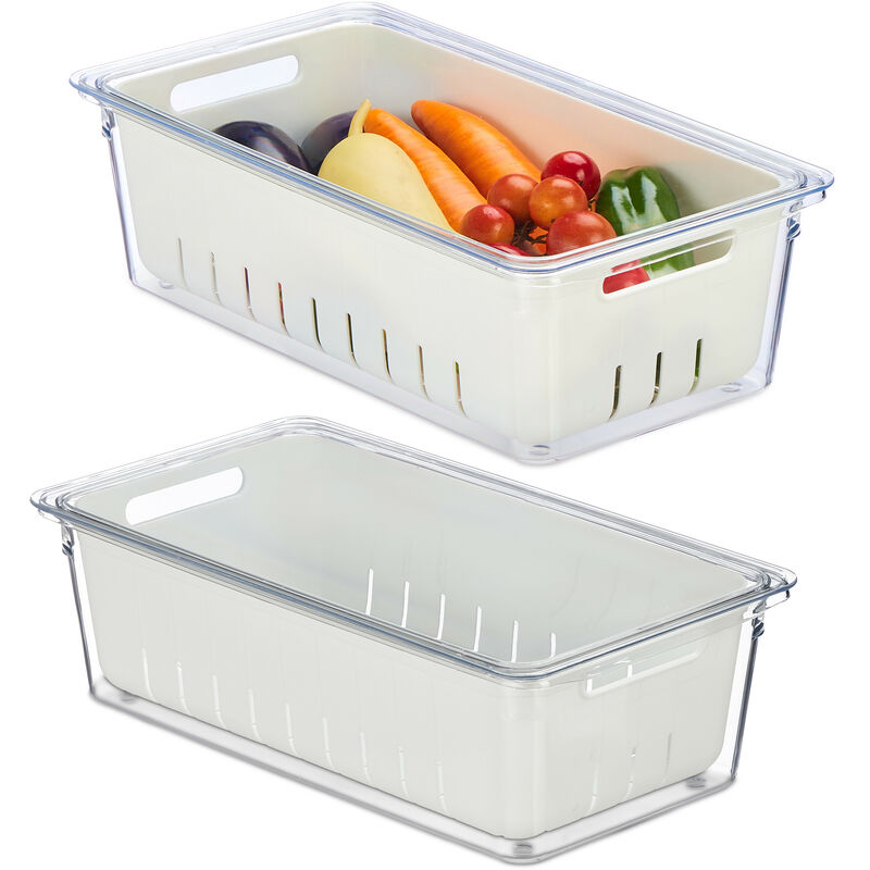 foto del prodotto contenitori per frigo con coperchio, set da 2, impilabili, cestelli scola verdure, box alimenti, trasparente relaxdays