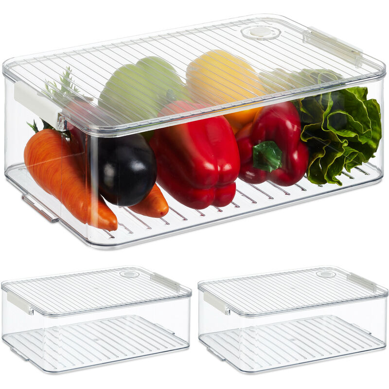 foto del prodotto contenitori per frigo con coperchio, set da 3, impilabile, box per frutta e verdura, salvaspazio, trasparente relaxdays