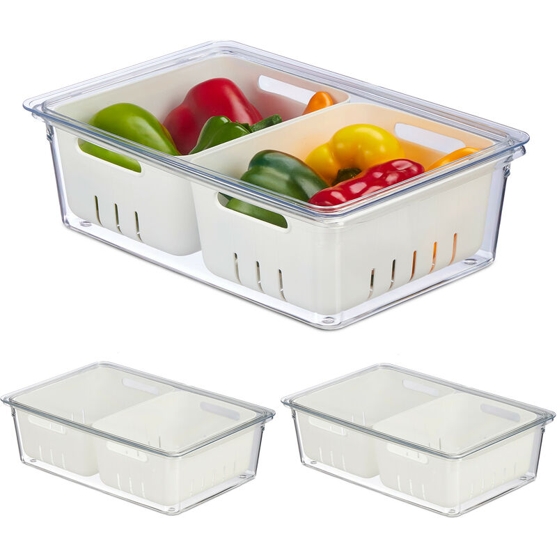 foto del prodotto contenitori per frigo con coperchio, set da 3, impilabili, cestelli scola verdure, box alimenti, trasparente relaxdays