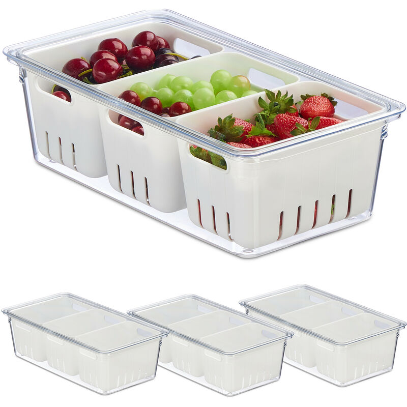 foto del prodotto contenitori per frigo con coperchio, set da 4, impilabili, 3 cestelli scola verdure, box alimenti, trasparente relaxdays