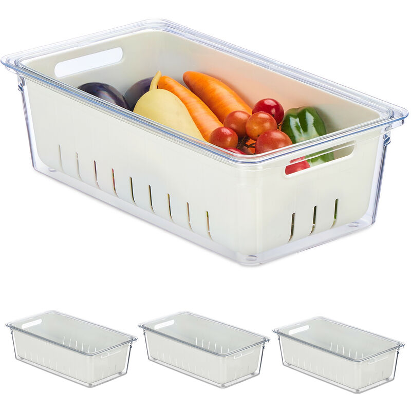 foto del prodotto contenitori per frigo con coperchio, set da 4, impilabili, cestelli scola verdure, box alimenti, trasparente relaxdays