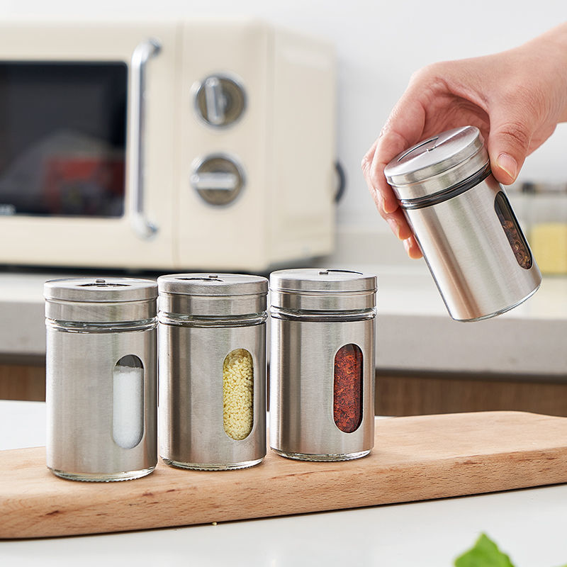 foto del prodotto contenitori per spezie, barattoli per spezie in acciaio inox con coperchio girevole per conservare erbe aromatiche, sale, pepe o condimenti sollbry