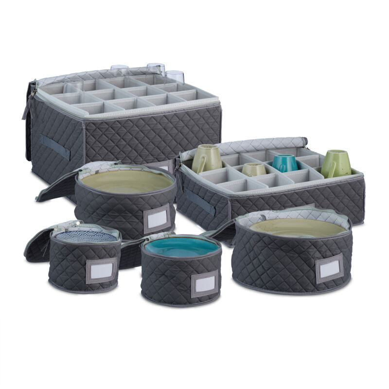 foto del prodotto contenitori per stoviglie e piatti, set 6 scatole portapiatti, porta bicchieri vino, tazze, organizer, grigio relaxdays