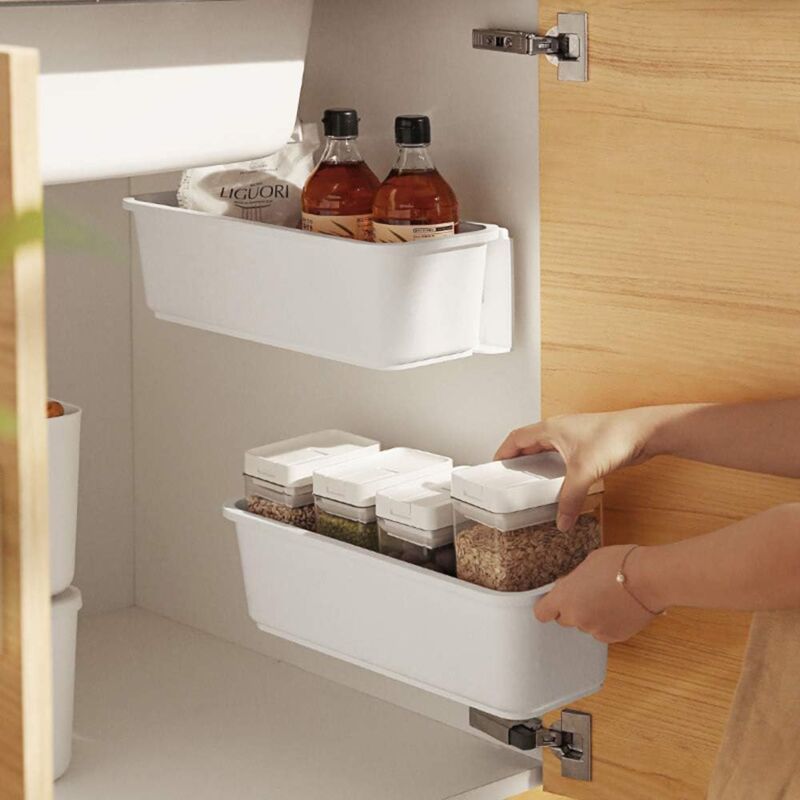 foto del prodotto contenitori portaoggetti per mobili da cucina, cassetti portaoggetti in plastica, sottolavello, bianchi