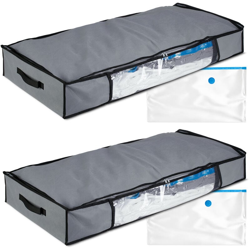 foto del prodotto contenitori sottoletto con sacchi sottovuoto, set da 2, borse organizer per l armadio con vacuum bags, grigio relaxdays