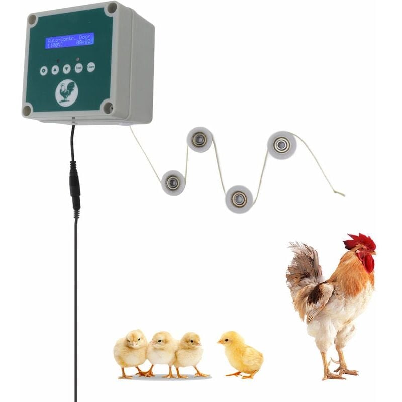 foto del prodotto controller automatico per porta del pollaio ip44, apri gabbia, telecomando, kit motore attuatore per porta del pollaio con timer, sensore di luce