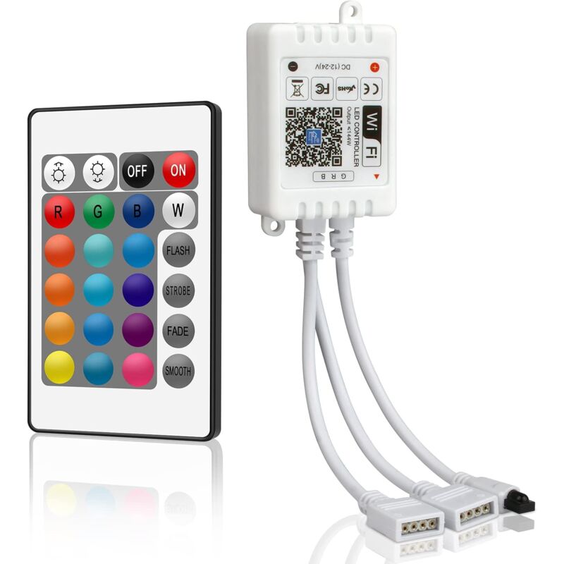 foto del prodotto controller led rgb wifi 12v 24v, controller mini led con telecomando ir a 24 pulsanti per striscia led 5050 3528 compatibile con alexa, assistente