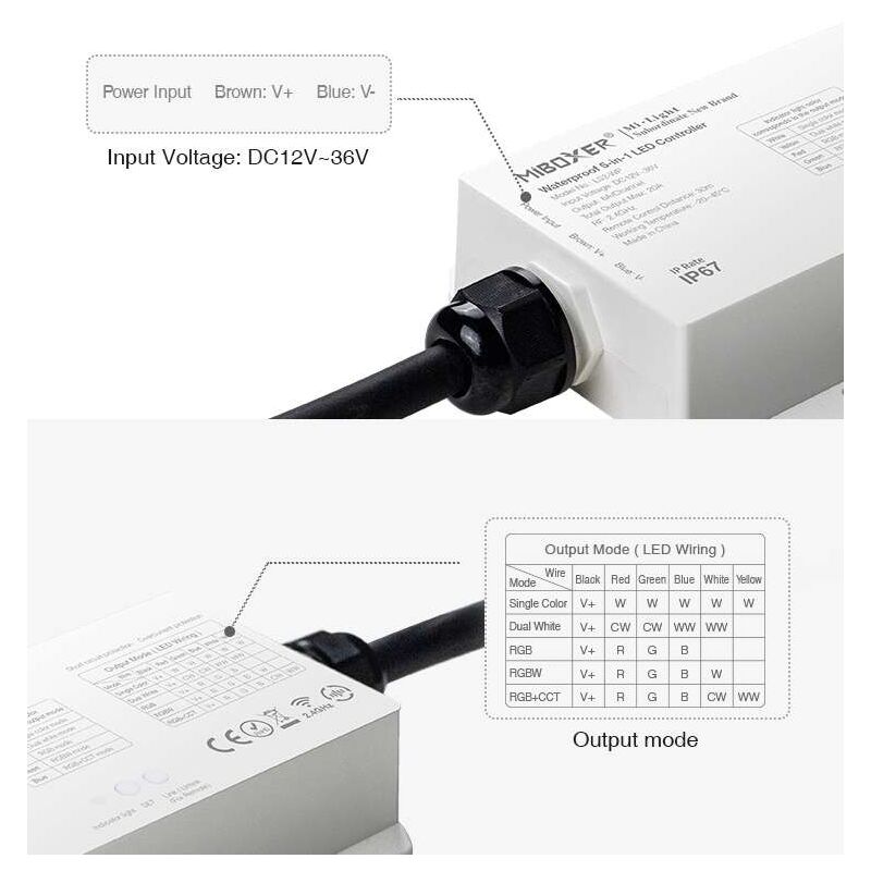 foto del prodotto controller led rgbw radiofrequenza impermeabile ip67 dc12v con connessione a 5 pin