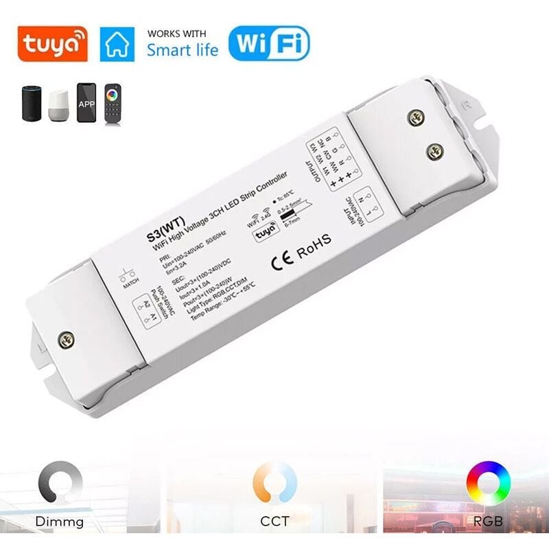 foto del prodotto controller per led ad alta tensione 3 canali smart wifi ed rf tuya