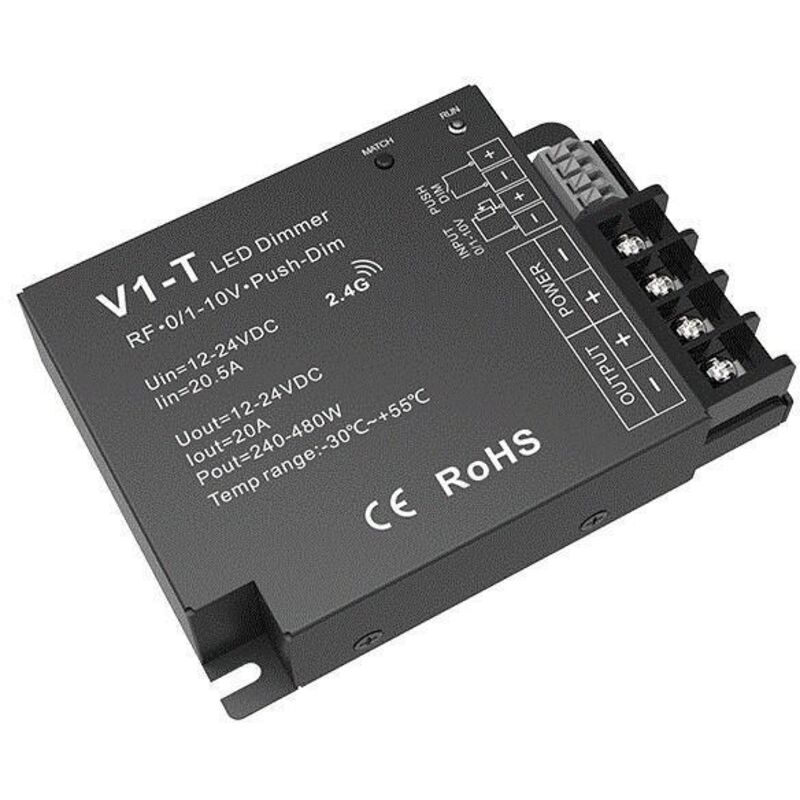 foto del prodotto controller regolatore striscia led monocolore 12 24v dc compatibile con telecomando rf, regolatore 0 1 10v e pulsante