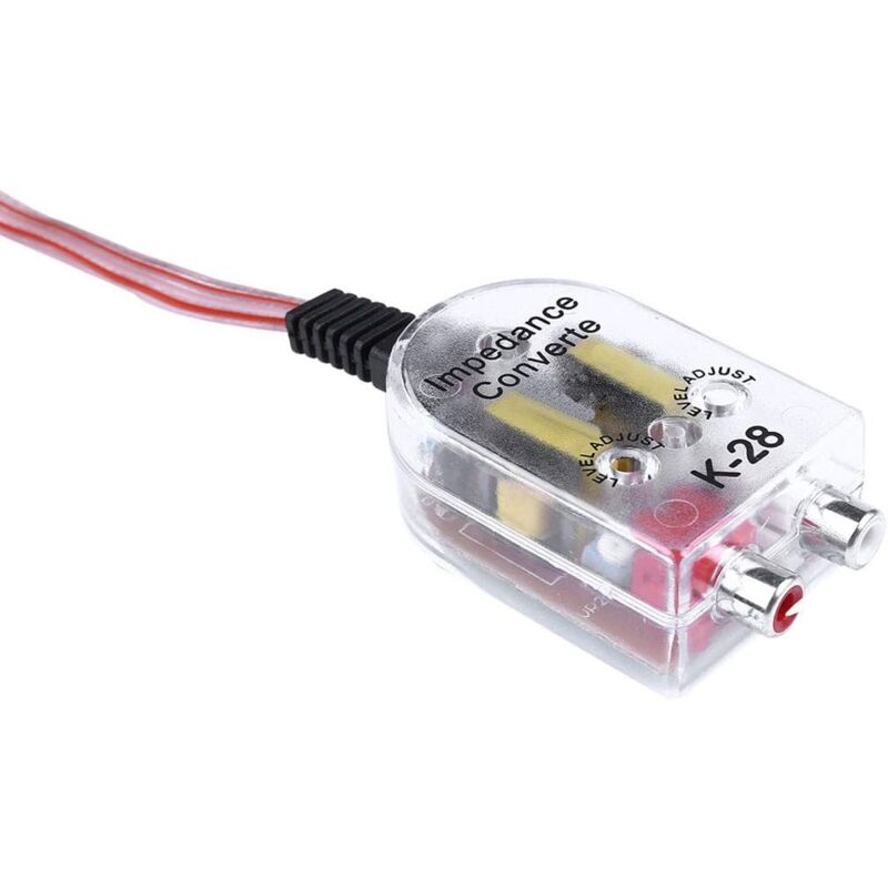 foto del prodotto convertitore amplificatore per auto ad altoparlante audio basso alto 12v adattatore di impedenza interruttore per auto cavo clip piccolo nero,