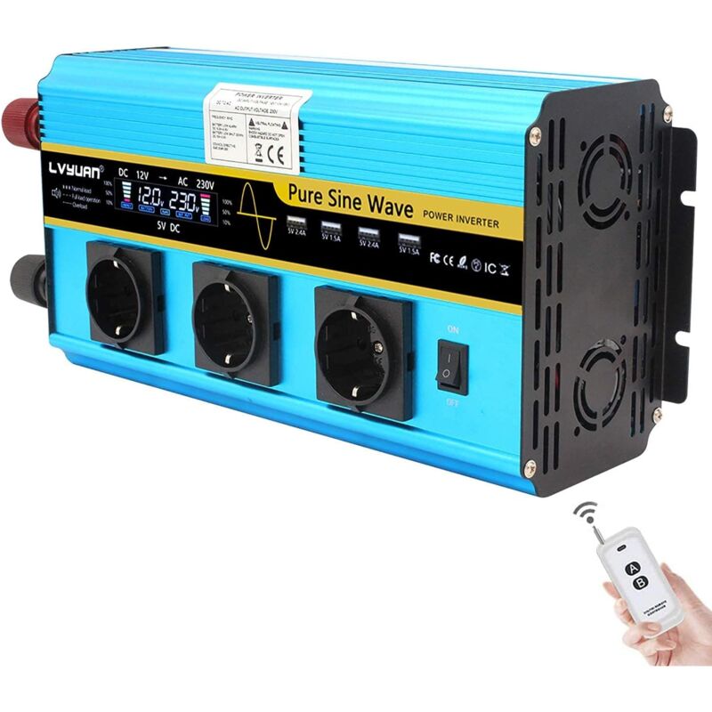 foto del prodotto convertitore di tensione a onda sinusoidale pura da 2500 w 5000 w convertitore di tensione per auto da 12 v 230 v con lcd, telecomando, 3 prese e 4