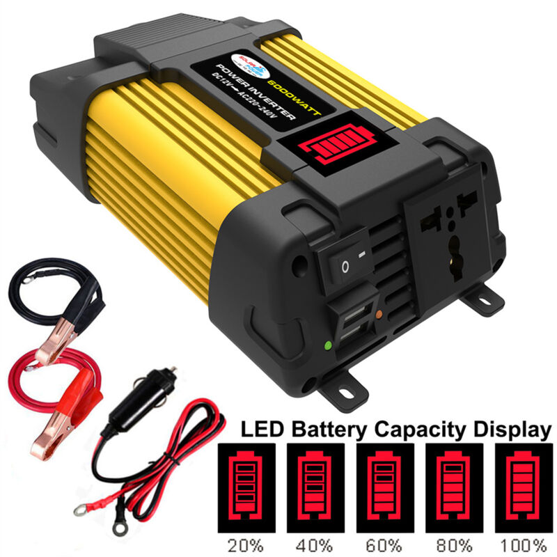 foto del prodotto convertitore inverter 12v 220v, convertitore 450w 6000w presa accendisigari elettrica, trasformatore 12v 220v con 1 presa francese e 2 porte usb
