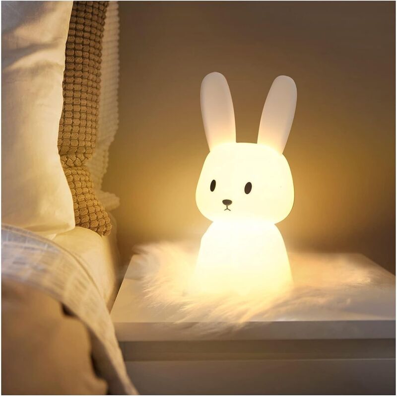 foto del prodotto coocheer luce notturna a forma di coniglio con 7 cambi di luce, controllo a clic, ricarica usb, funzione timer, lampada da comodino per la