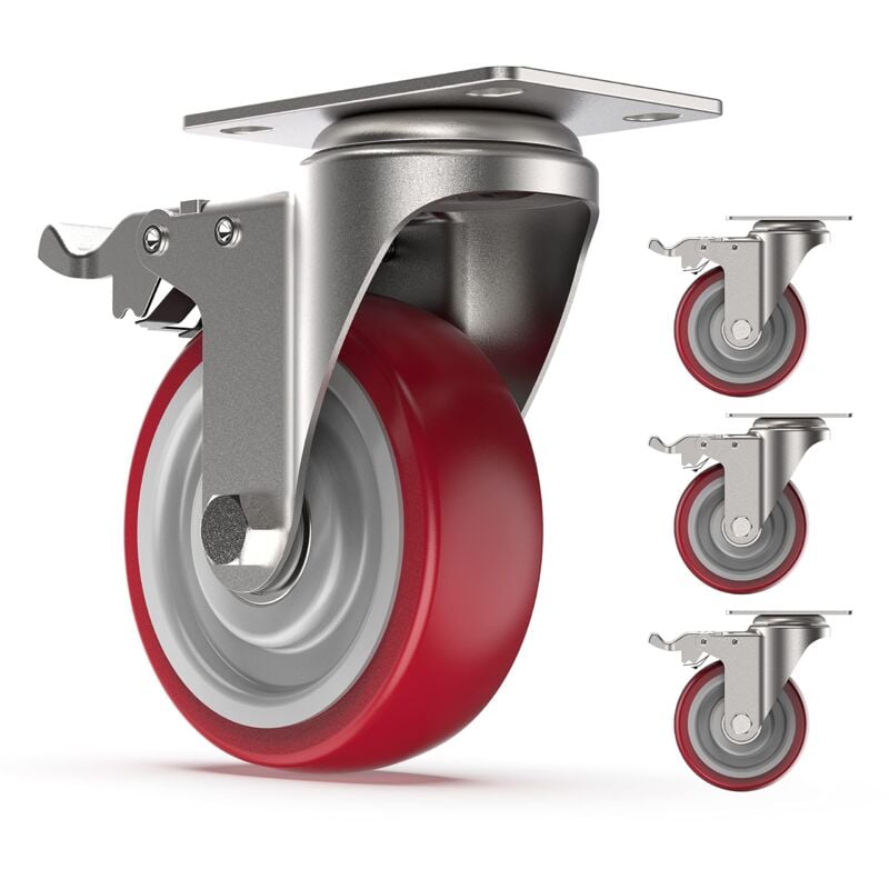 foto del prodotto coocheer set of 4 100 mm ruote girevoli, ruote orientabili con freno rotelle per letto e mobili, capacit di carico massima 400kg, rosso