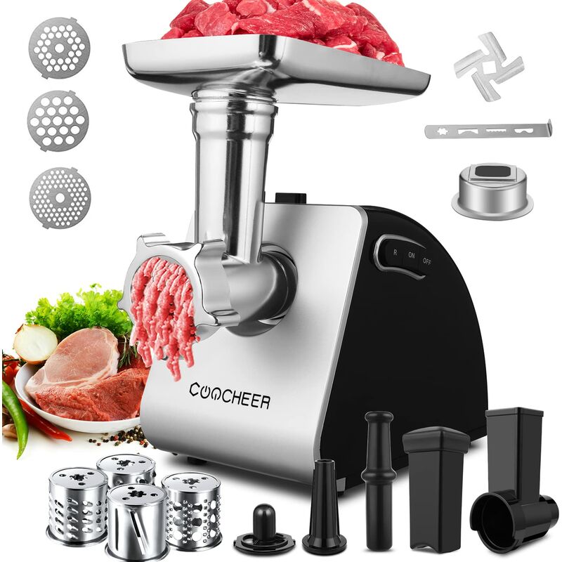 foto del prodotto coocheer tritacarne elettrico 2000w con 3 dischi forati, 4 lame a cono e insaccatrice, accessori per biscotti