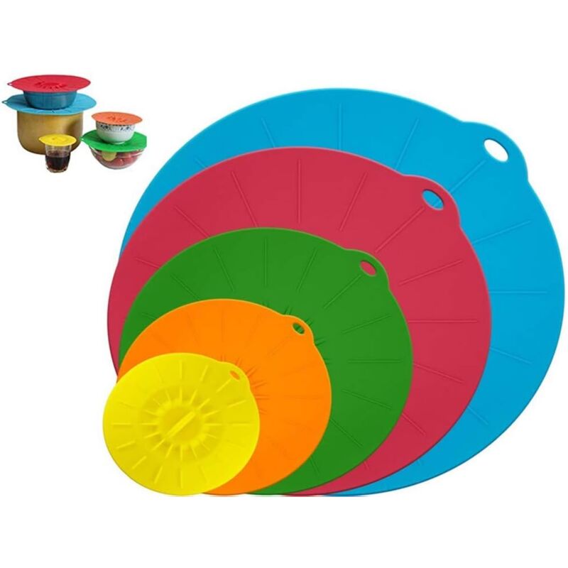 foto del prodotto coperchi in silicone, 5 pezzi coperchi freschi in silicone di diverse dimensioni, per ciotole, pentole, piatti, tazze, forni, frigoriferi blu,