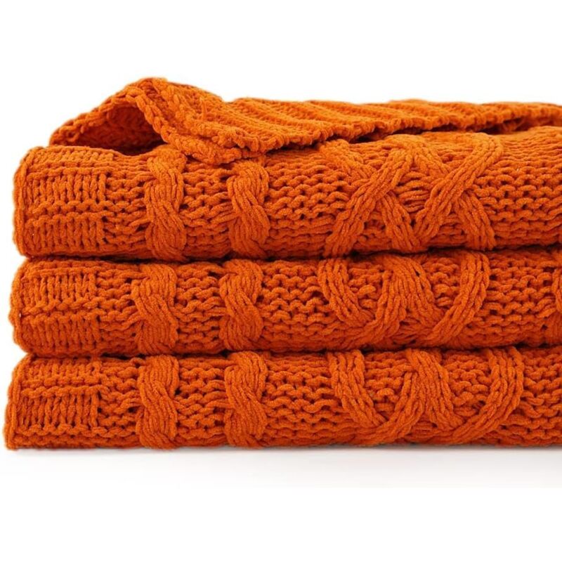 foto del prodotto coperta arancione 130 x 170 cm, calda coperta autunnale per divano, coperta di halloween, coperta in ciniglia intrecciata, super morbida,