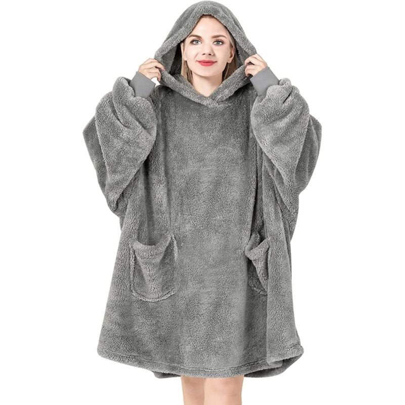 foto del prodotto coperta con cappuccio e maniche. coperta felpa in flanella con 2 grandi tasche. morbida e calda per donne e uomini. come coperta tv. grigio. 95x85cm