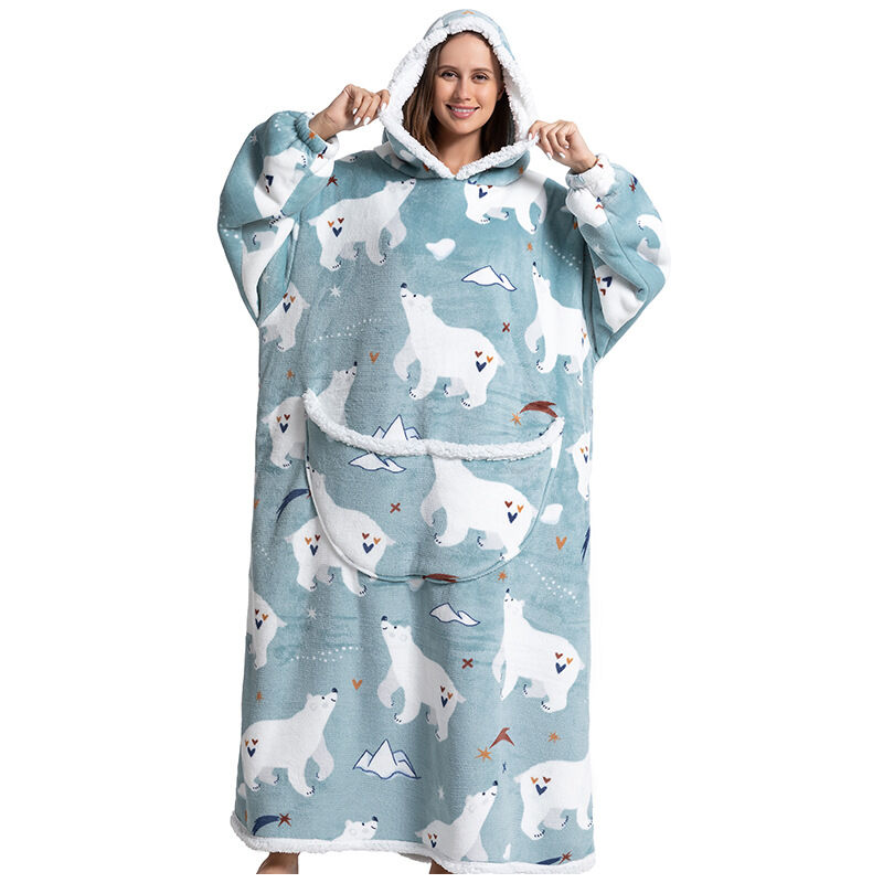 foto del prodotto coperta con cappuccio indossabile, felpa oversize in flanella per adulti, calda e confortevole coperta con cappuccio 55 pollici sollbry