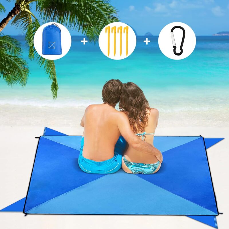 foto del prodotto coperta da picnic, coperta da spiaggia, impermeabile, 200 x 200 cm, con tasca e 4 pali, pieghevole, portatile, in poliestere, per esterni, giardino,