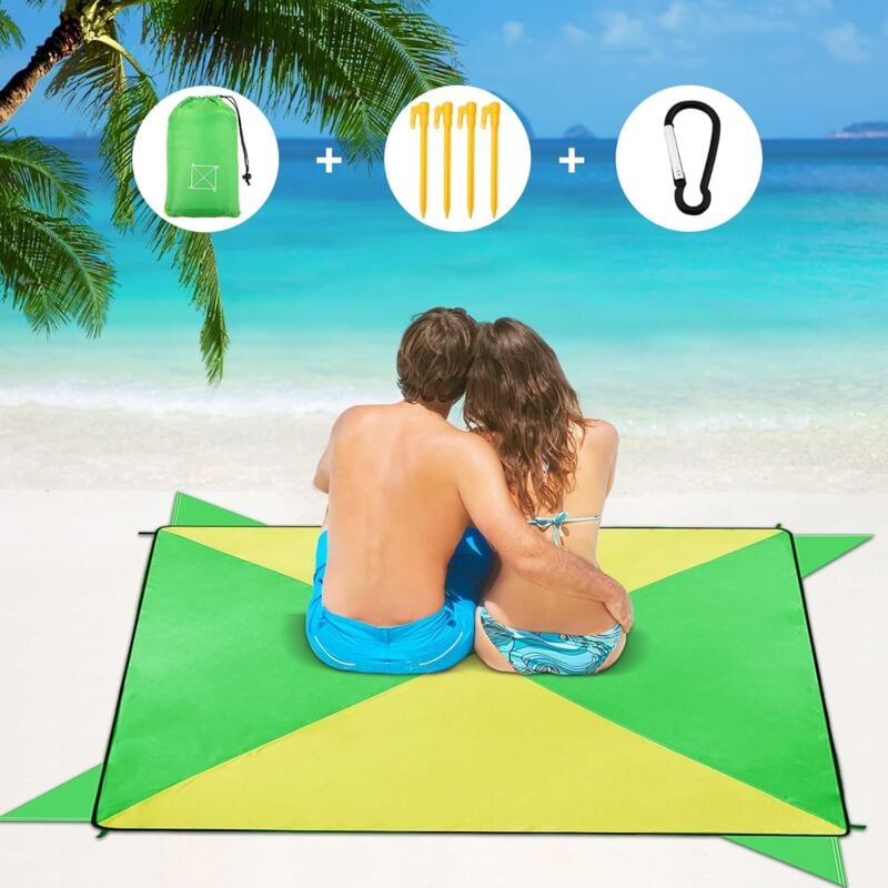 foto del prodotto coperta da picnic, spiaggia, impermeabile, 200 x 210 cm, con borsa e 4 paletti, pieghevole, portatile, leggera, coperta da picnic in poliestere, per