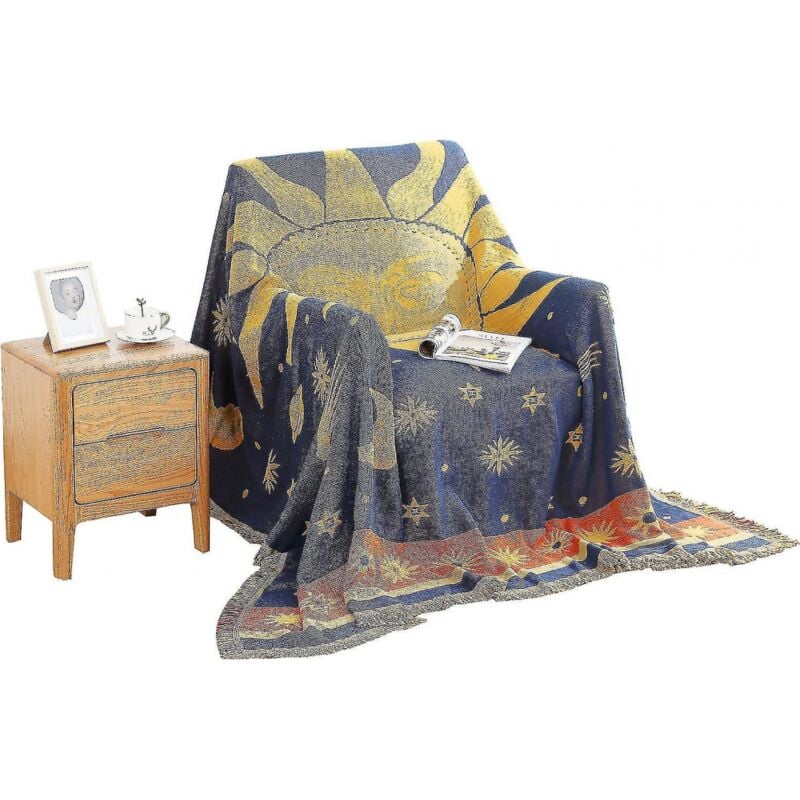 foto del prodotto coperta decorativa in 100 cotone, asciugamano da divano, calda fodera in cotone, 130 x 180 cm sole, luna, stelle bebusingoto