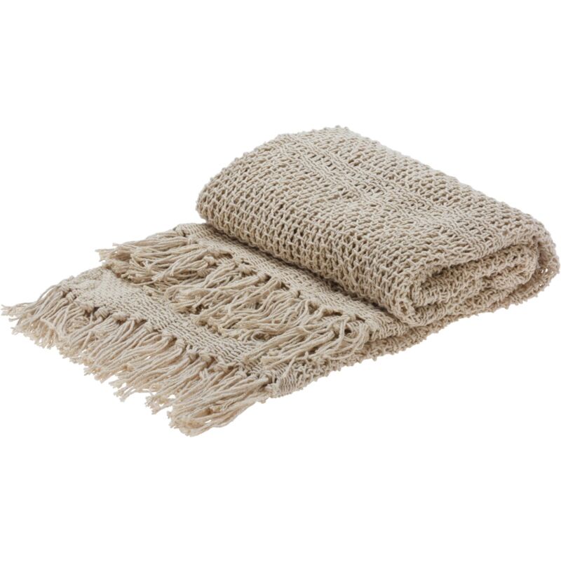 foto del prodotto coperta decorativa leggera trama larga con frange in cotone per letto e divano 170 cm beige