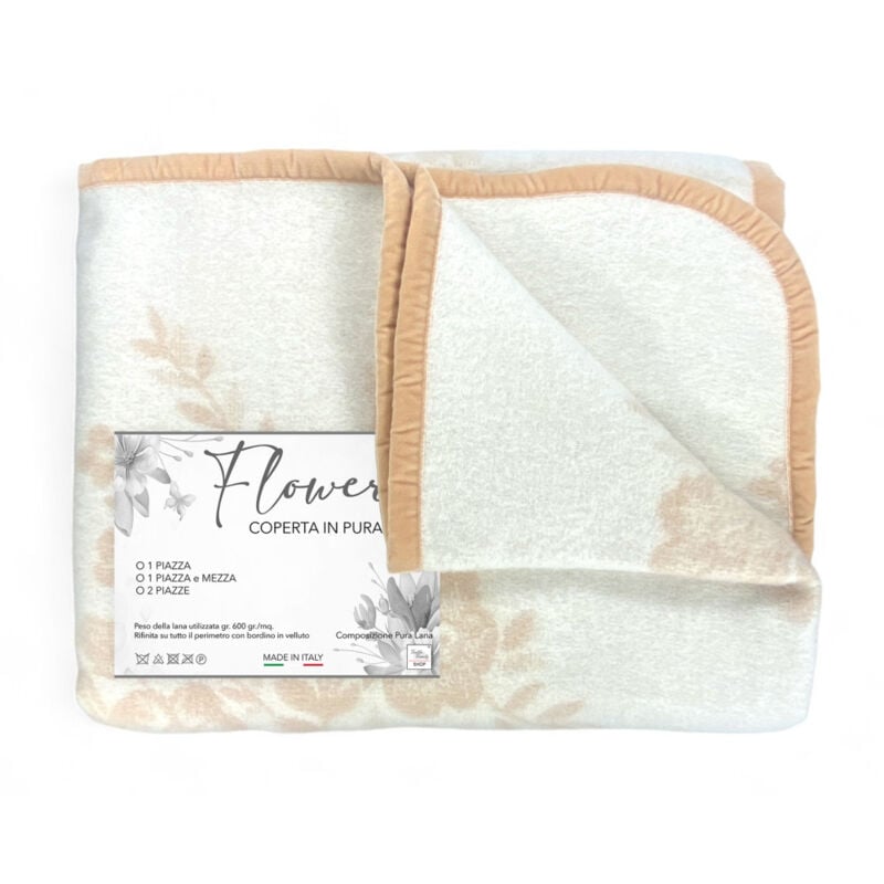 foto del prodotto coperta flower in 100 pura lana morbida e calda con bordino in velluto comfort ed eleganza, design classico made in italy 1 piazza