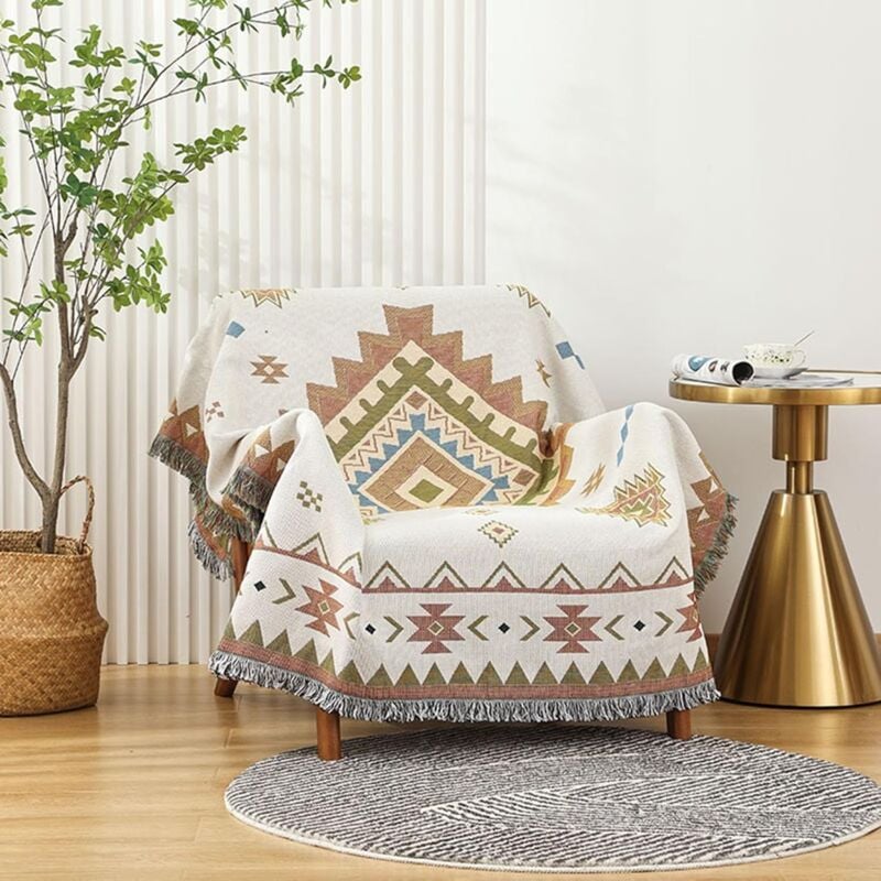 foto del prodotto coperta in cotone a trama doppia con frange stile etnico boh mien motivo geometrico divano letto poltrona campeggio arazzo tovaglia tappeto 90x150 cm