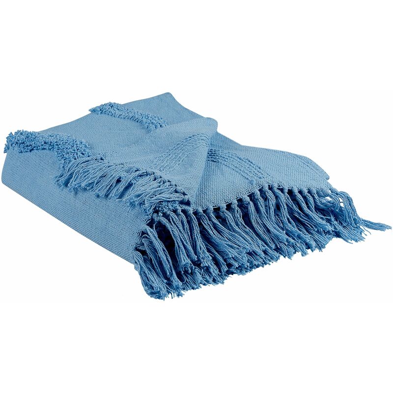 foto del prodotto coperta in cotone azzurro con frange e motivo geometrico 125 x 150 cm khari
