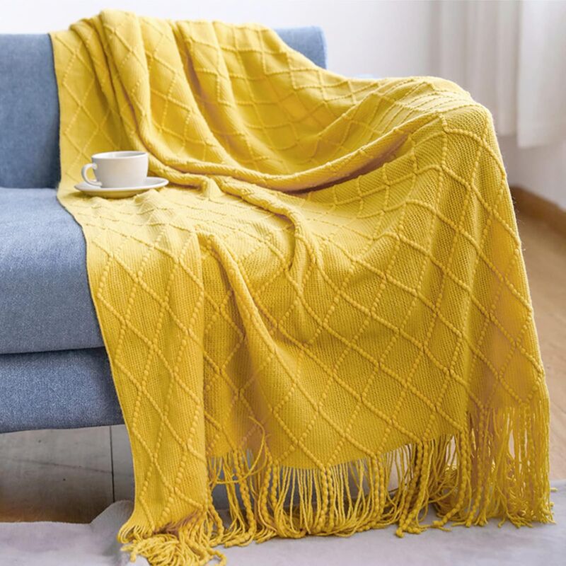 foto del prodotto coperta lavorata a maglia con frange, copriletto, plaid tinta unita, nordico, caldo, coperta morbida alla moda, copriletto decorativo per divano,