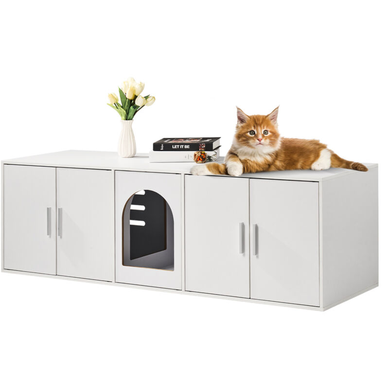 foto del prodotto copertura per lettiera per 2 gatti, toilette per gatti con camere doppie, armadietto in legno per lettiere per 2 gatti, mobiletto per soggiorno copri