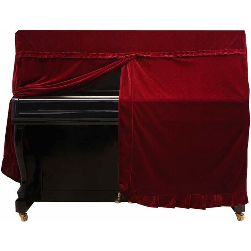 foto del prodotto copertura per pianoforte, antipolvere, decorata, completa, copertura per pianoforte, pleuche rosso , copertura per sgabello di supporto, 152 x 60 x