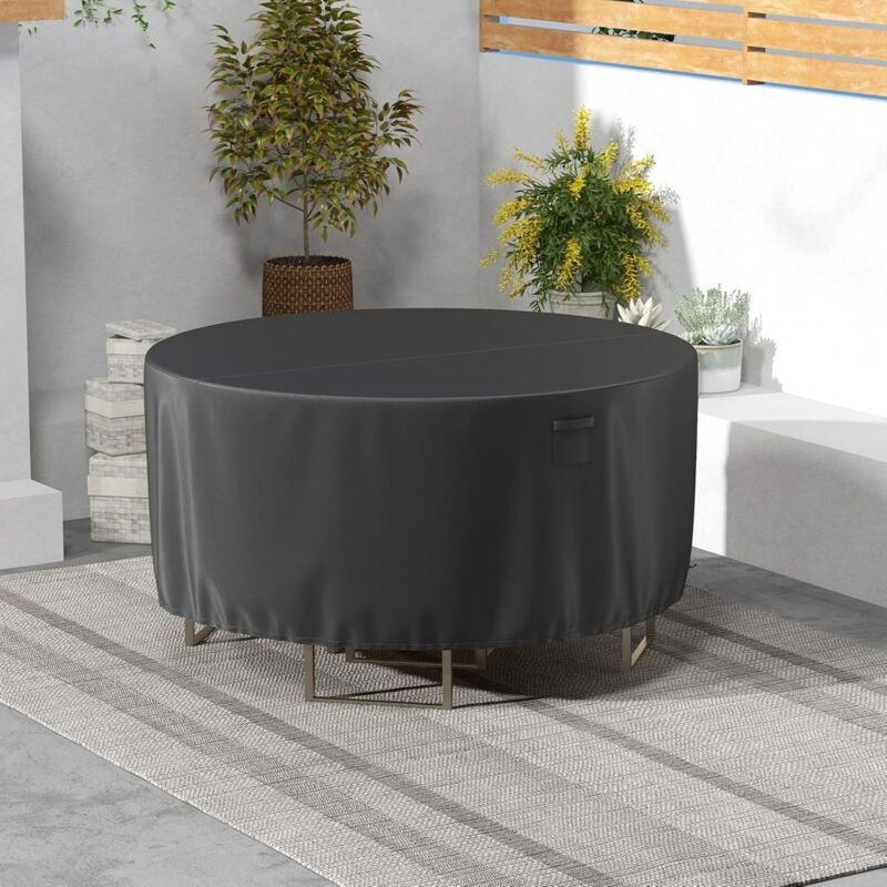 foto del prodotto copertura protettive per mobili da giardino, copri tavolo per esterno impermeabile con prese d aria, fibbie e coulisse, telo copritavolo rotondo